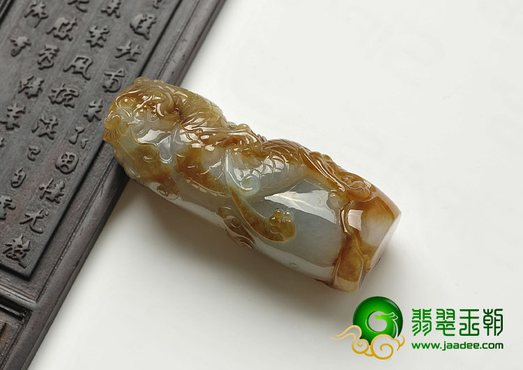 糯冰种褐黄翡缅甸翡翠a货龙柱挂件