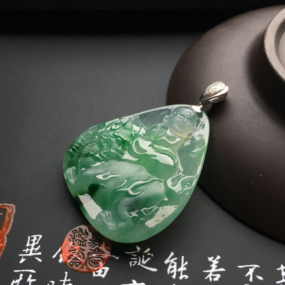 （超值推荐）冰种飘花麒麟送子挂件（金扣）