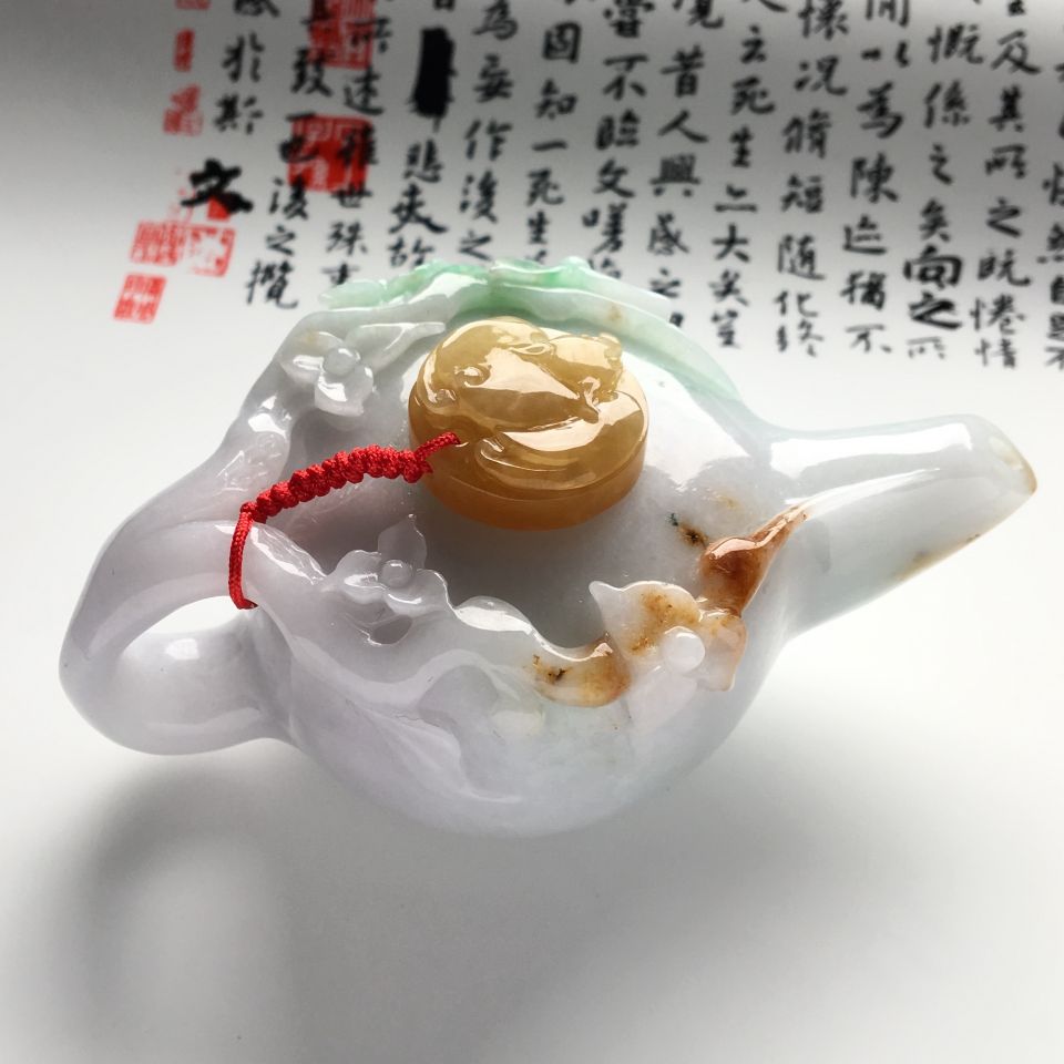 （超值推荐）糯冰种淡三彩茶壶摆件