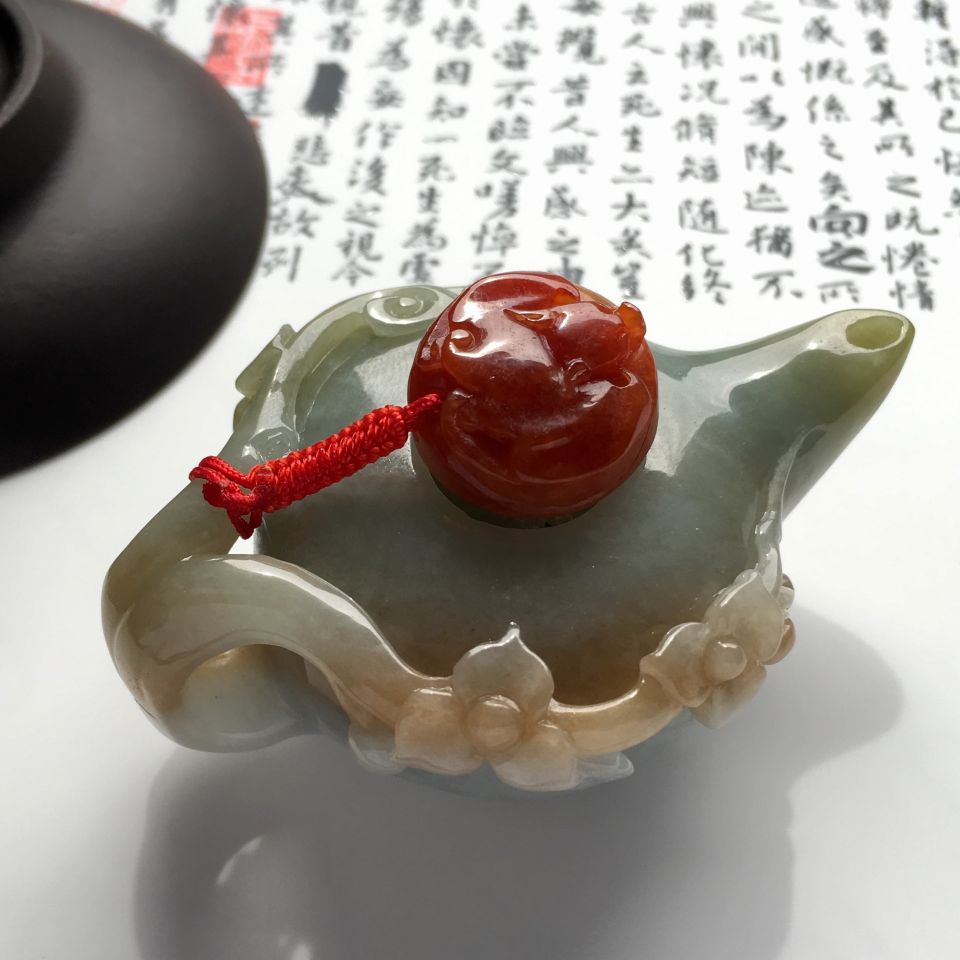 （超值推荐）糯冰种淡褐黄翡/红黄翡茶壶摆件
