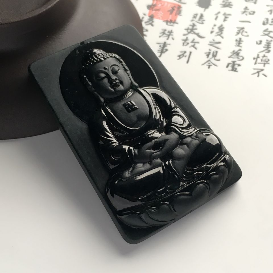 （超值推荐）糯冰种墨翠大日如来挂件