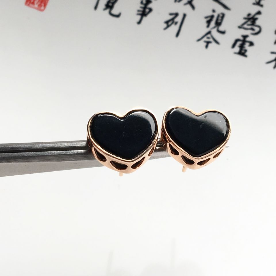 （超值推荐）镶玫瑰金冰种墨翠心形耳钉