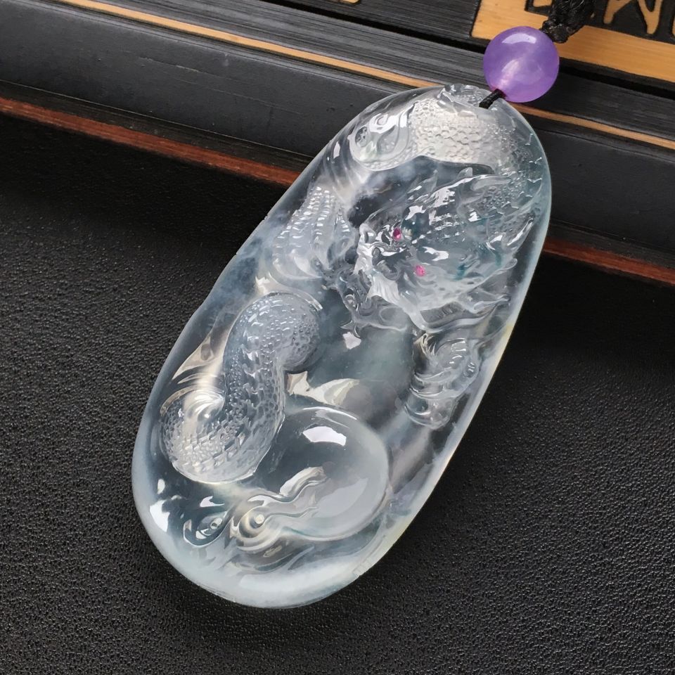 (超值推荐)冰玻种晴水略飘花龙牌挂件