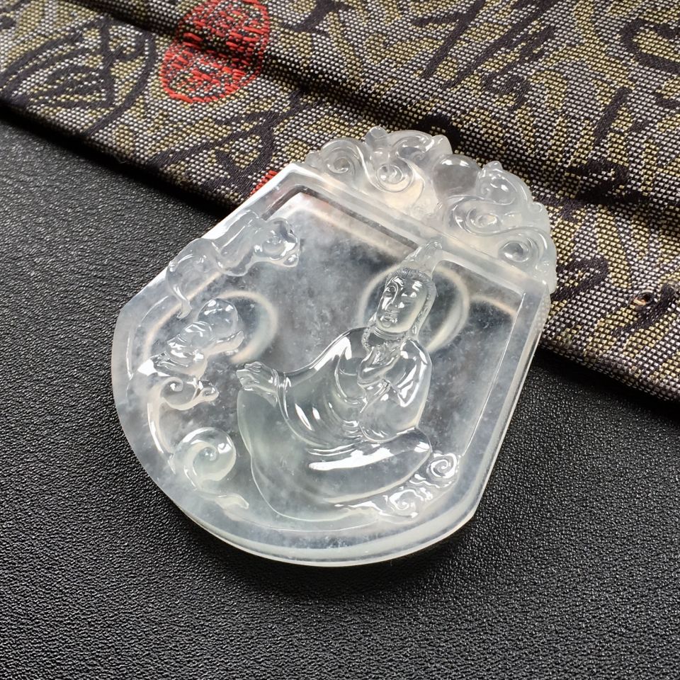 冰玻种淡晴水童子拜观音挂件