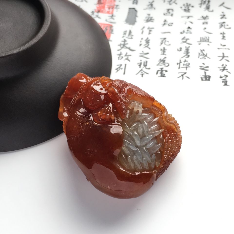 糯冰种褐红翡代代有福挂件