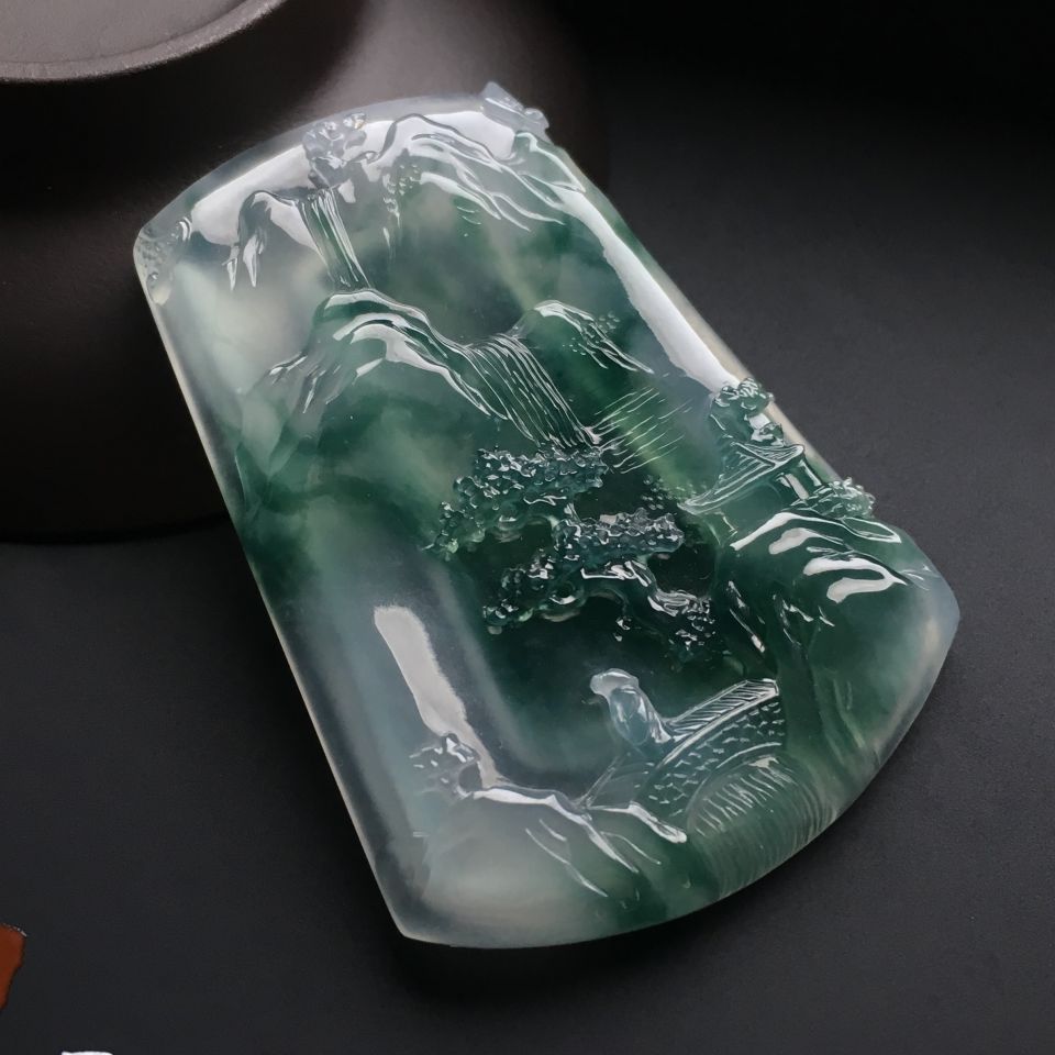 冰种飘花山水牌挂件