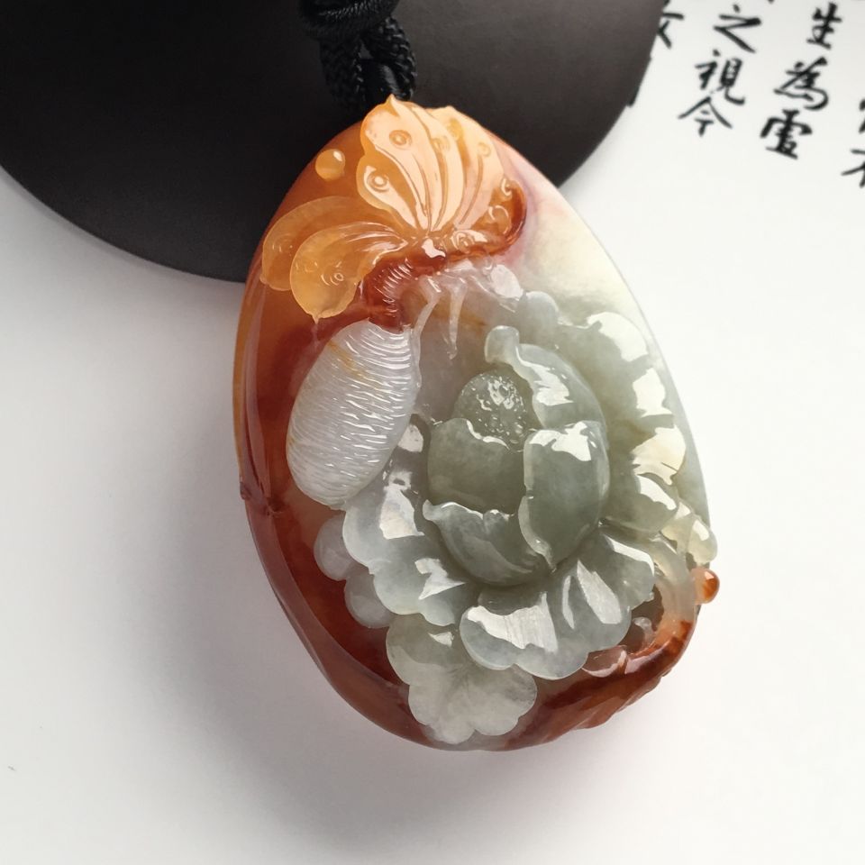 （超值推荐）糯冰种红黄翡蝶恋花挂件