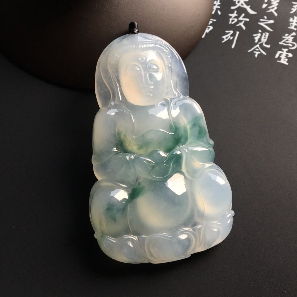 糯冰种飘花观音挂件