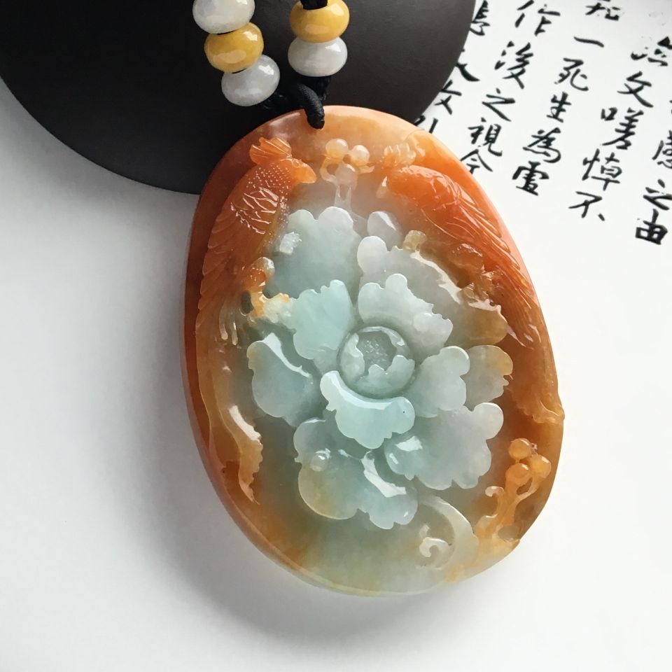 糯冰种红黄翡富贵花开挂件