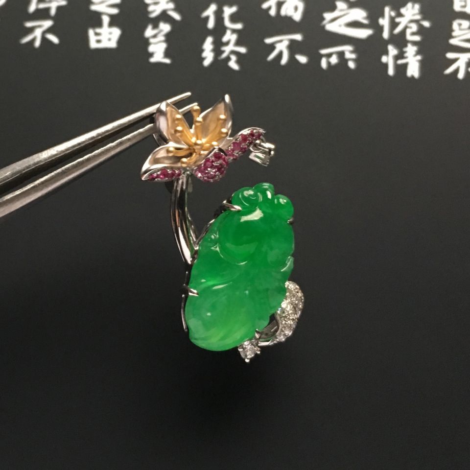 镶彩金钻石冰种翠色金玉满堂胸针/胸坠（两用）