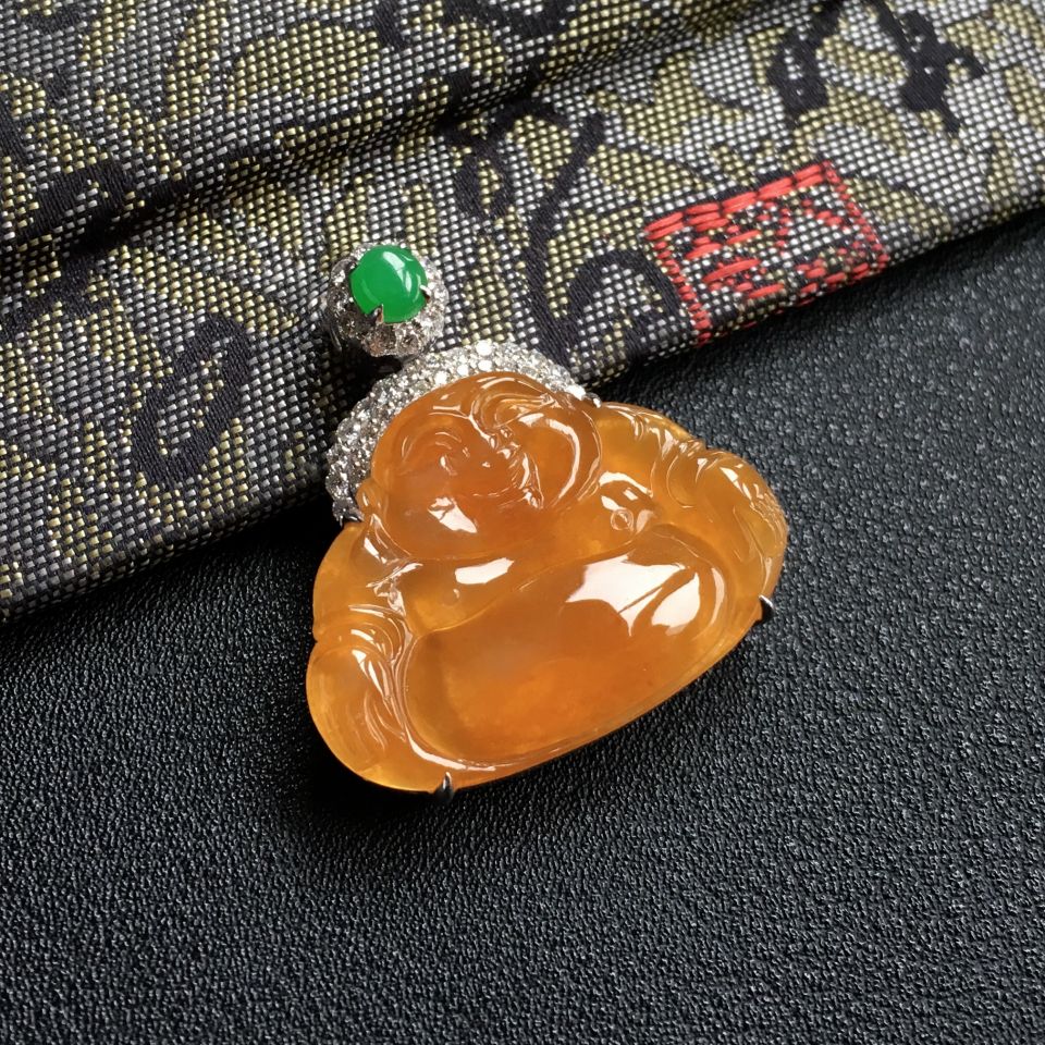 冰种黄翡镶白金钻石玉佛胸坠