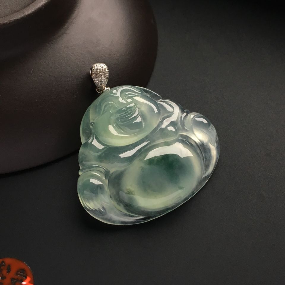 冰种飘花玉佛挂件