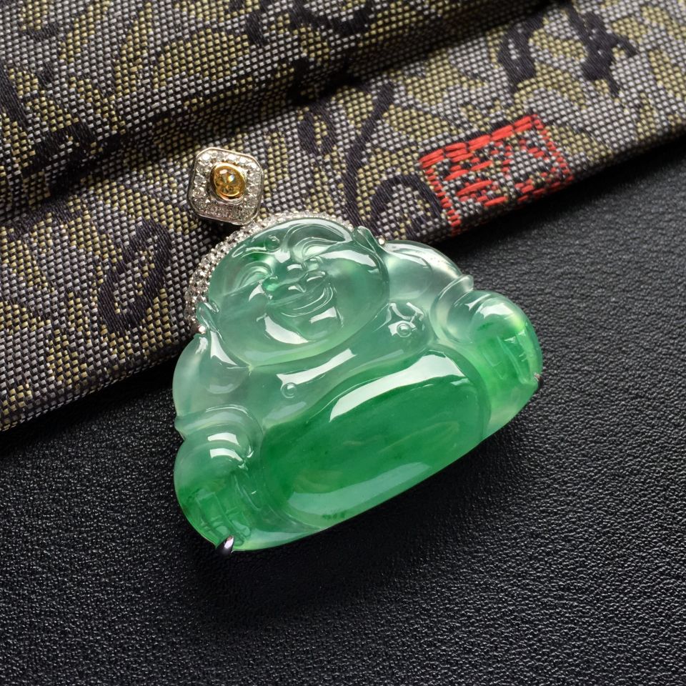 冰种飘翠镶彩金钻石玉佛胸坠