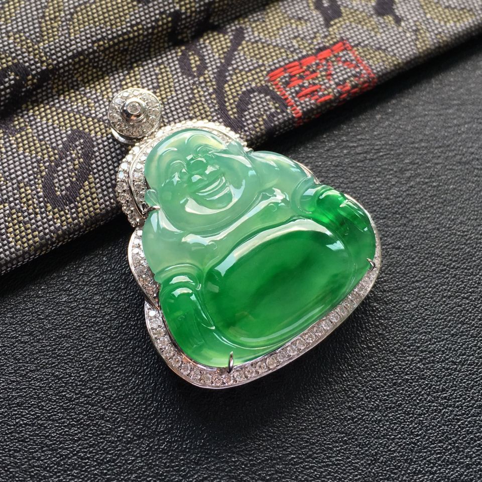 冰种飘翠镶白金钻石玉佛胸坠