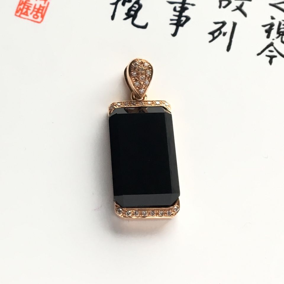 （超值推荐）镶玫瑰金钻石冰种墨翠胸坠