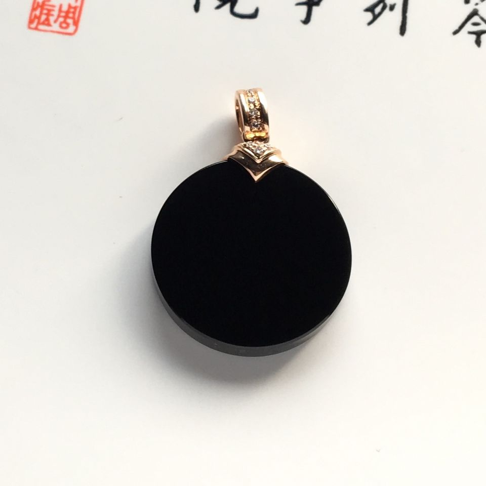镶玫瑰金钻石冰种墨翠胸坠