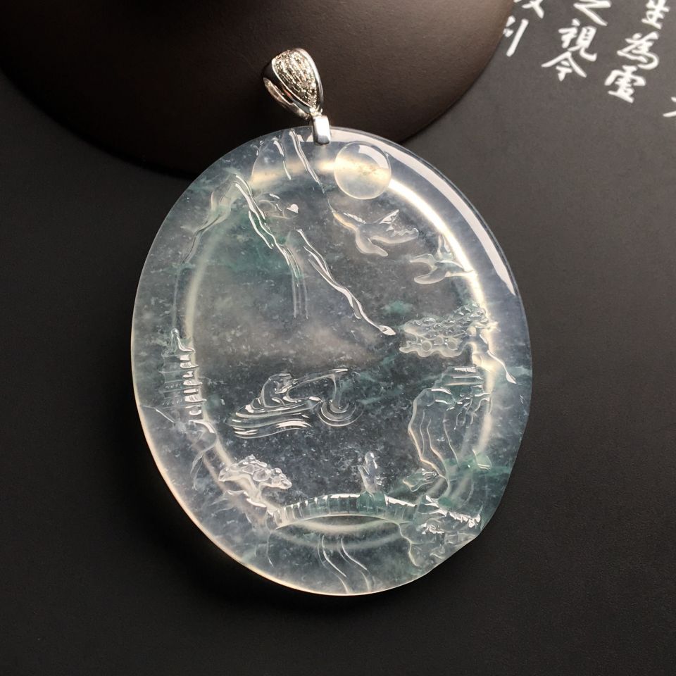 冰玻种略飘花松鹤延年挂件