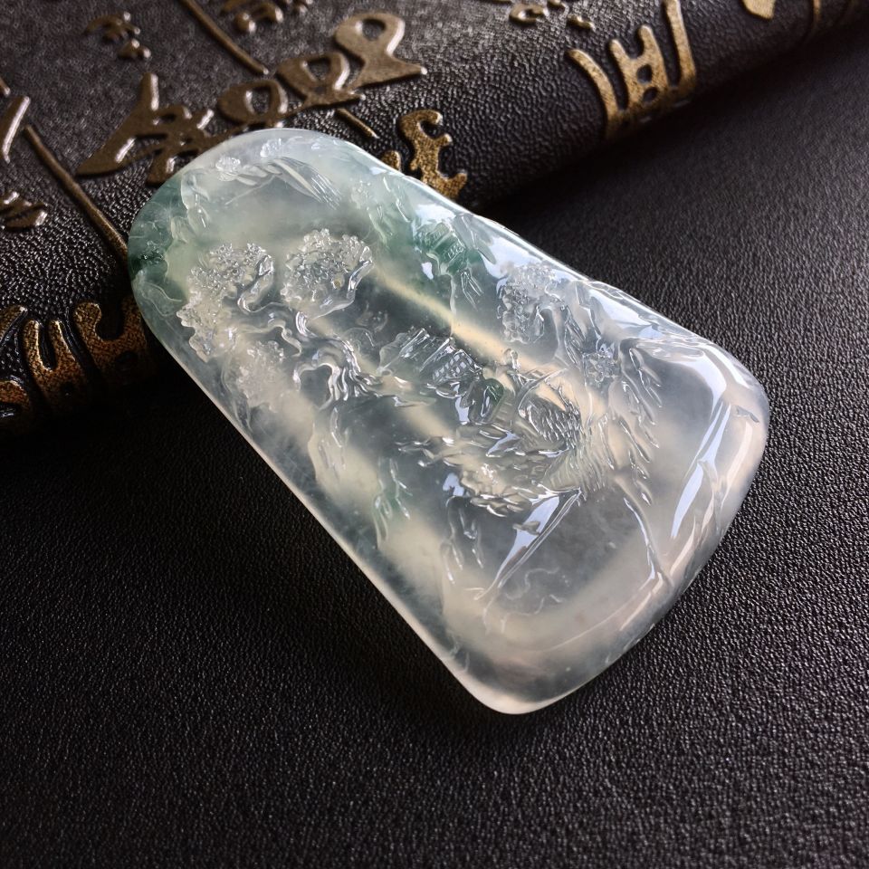 冰种飘花山水牌挂件