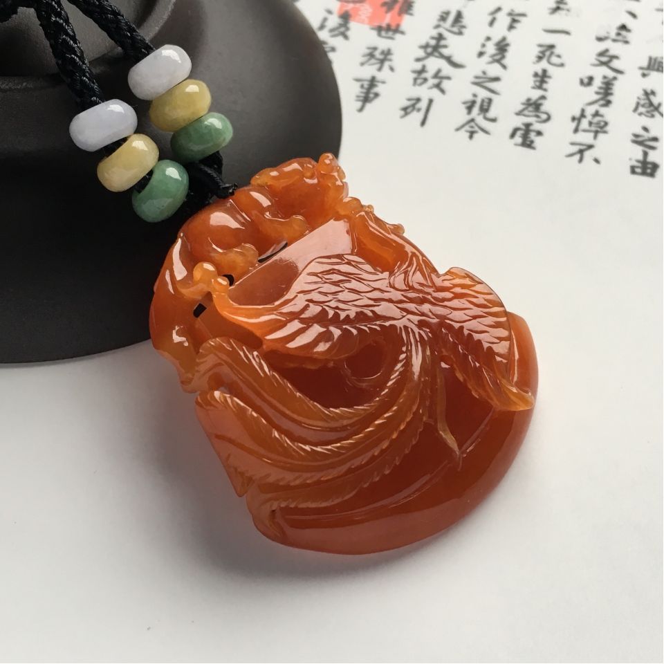 糯冰种红黄翡丹凤朝阳挂件