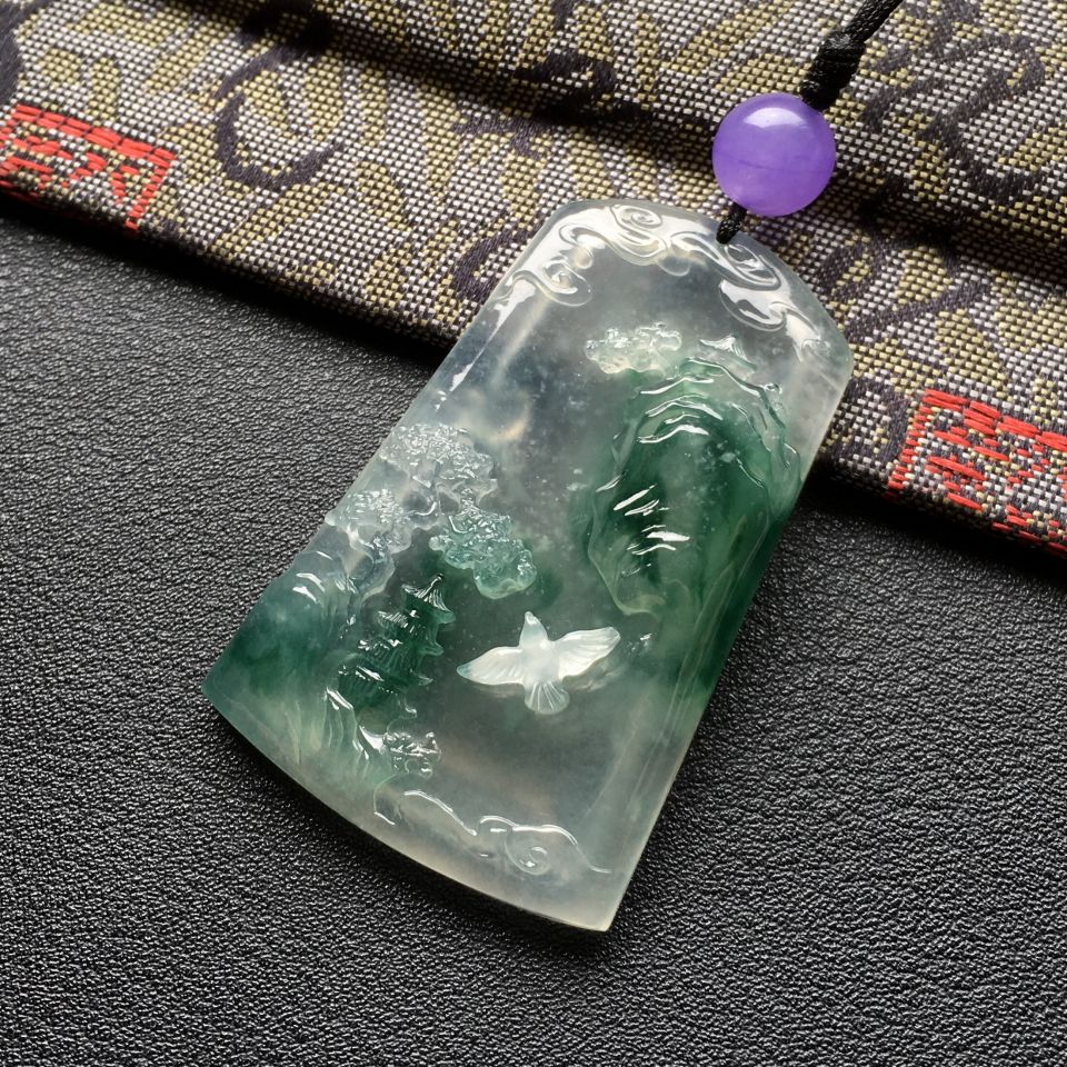 冰种飘花山水牌挂件