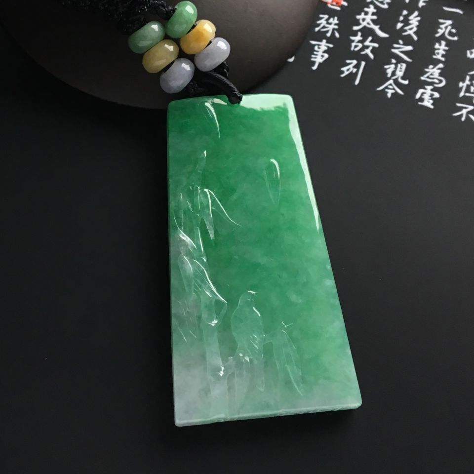 糯冰种豆绿竹报平安挂件