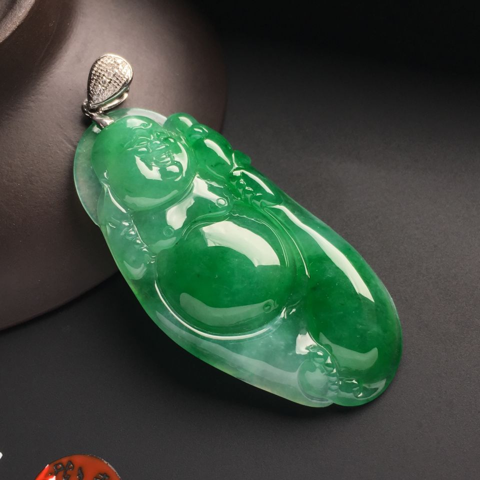 糯冰种翠色布袋佛挂件