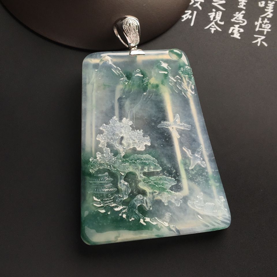 冰种飘花松鹤延年挂件
