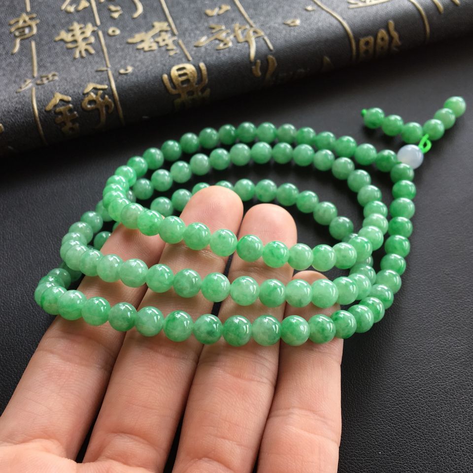 糯冰种飘翠圆珠项链/108佛珠