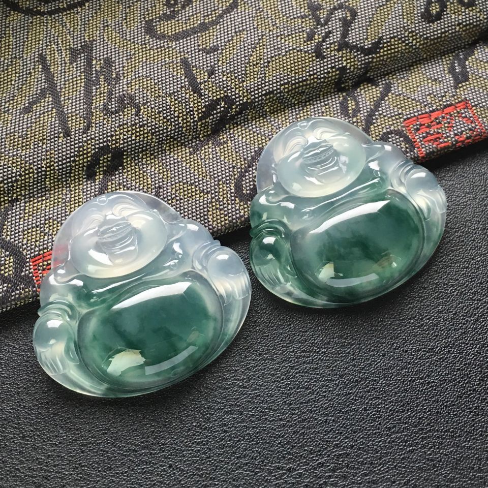冰种飘花玉佛一对走