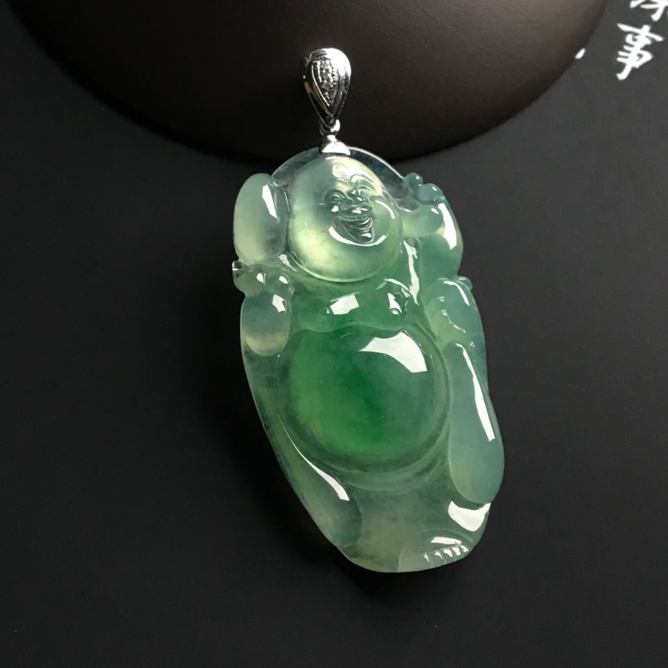 冰种略飘翠布袋佛挂件