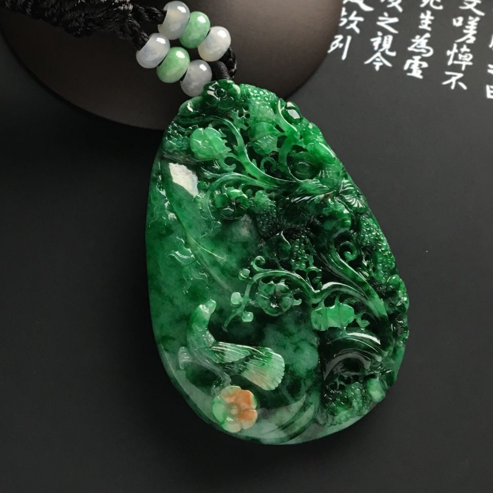 糯冰种浓绿富贵花开挂件