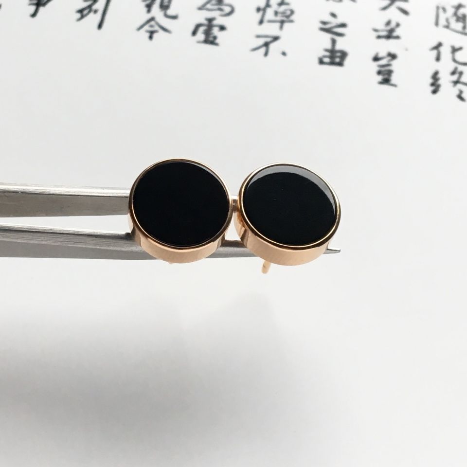 镶玫瑰金冰种墨翠耳钉