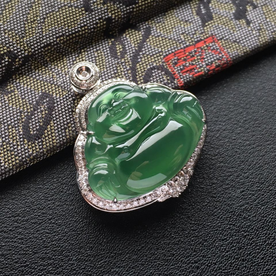 冰种晴水镶白金钻石玉佛胸坠