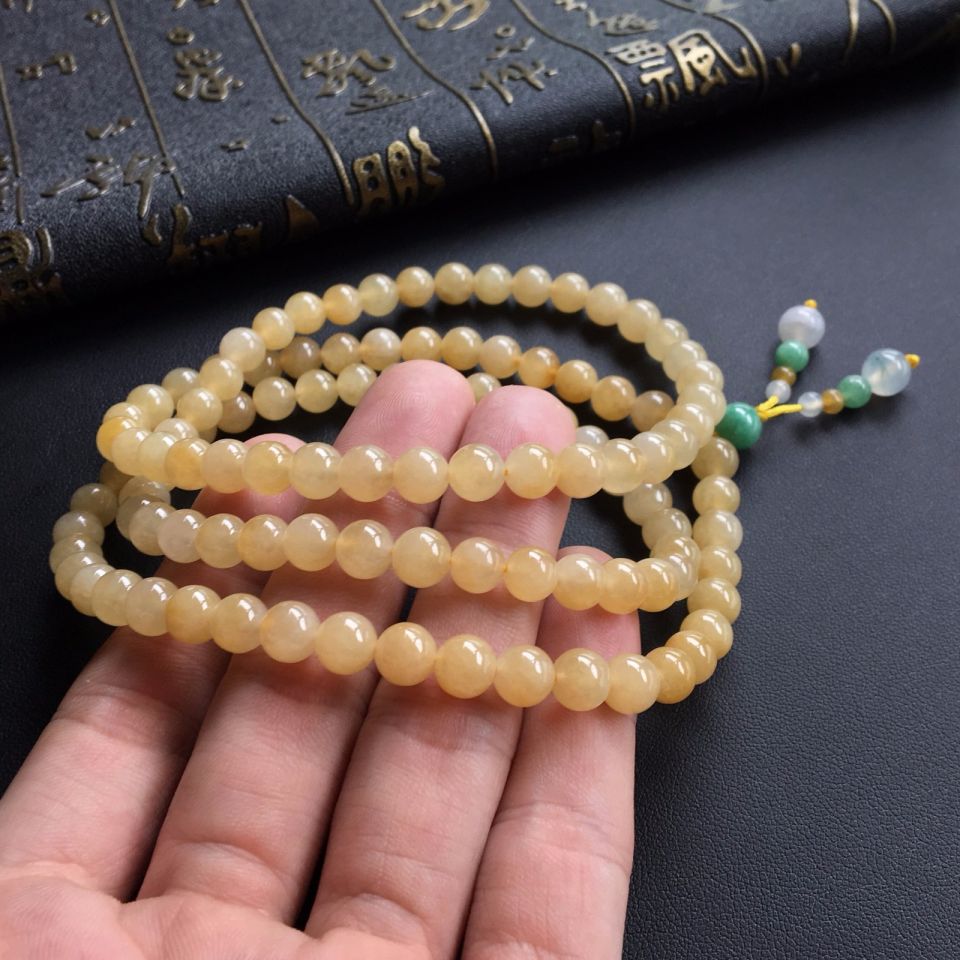 糯冰种黄翡圆珠项链/108佛珠