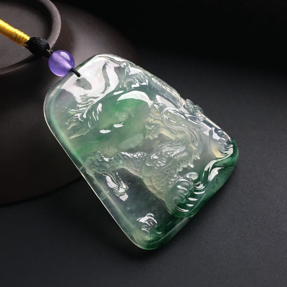 冰玻种飘花龙凤呈祥挂件