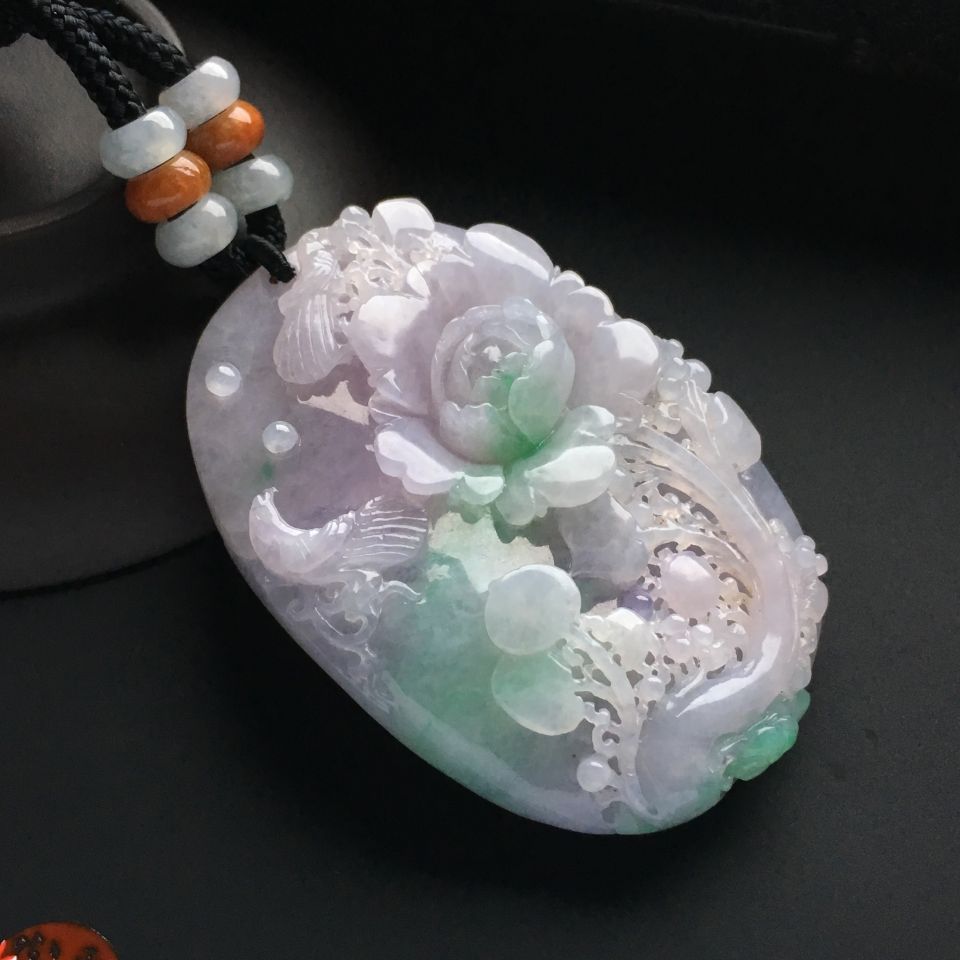 糯冰种淡春带彩富贵花开挂件