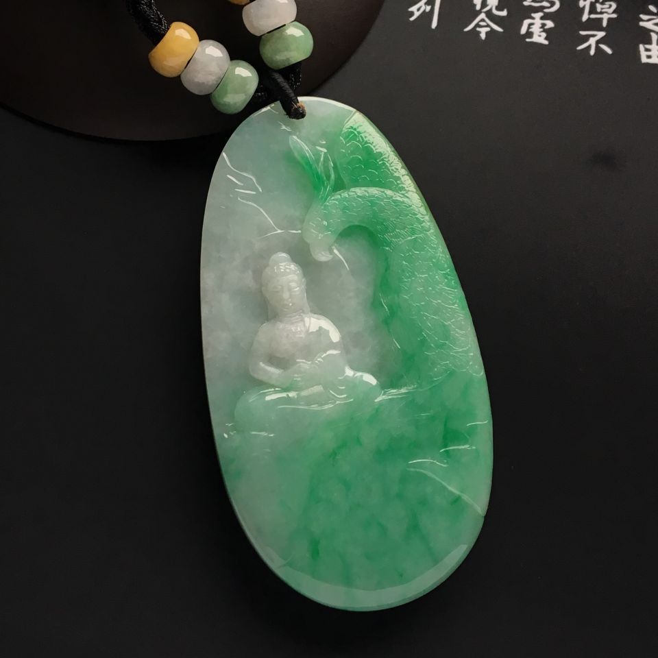 糯冰种略飘翠孔雀大明王菩萨挂件