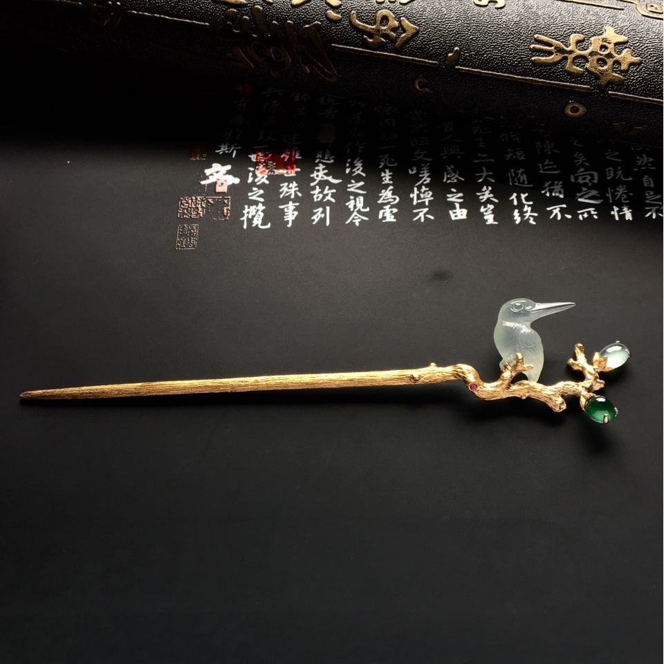 镶黄18k金冰种晴水鸟语花香发簪
