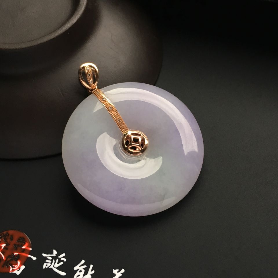 镶玫瑰金钻石糯冰种紫罗兰平安扣胸坠