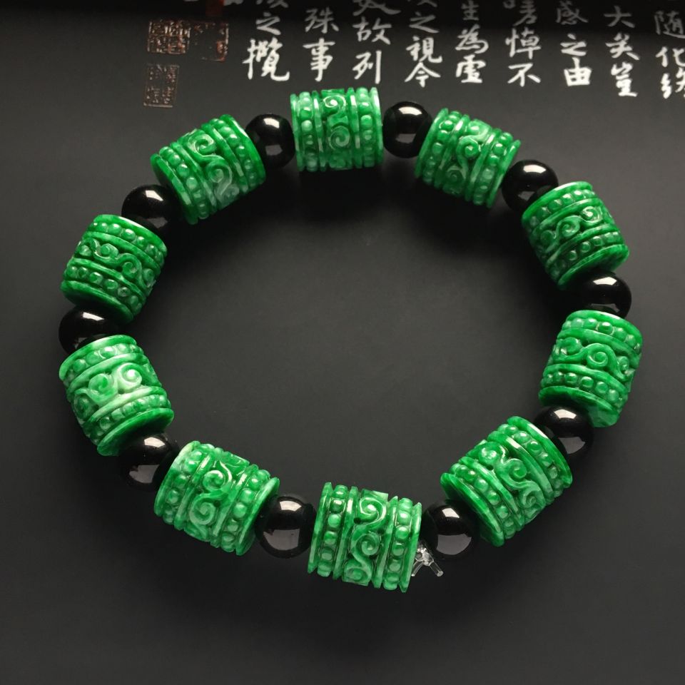 糯冰种翠色仿古路路通手串