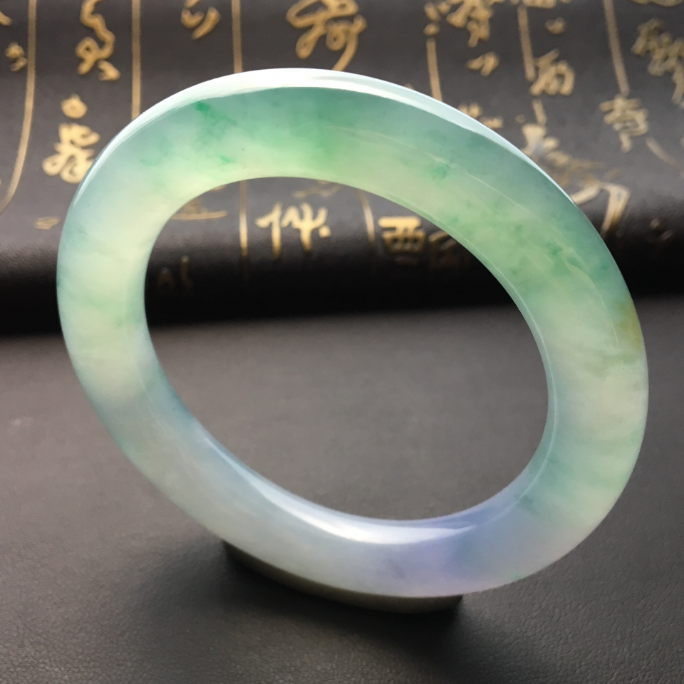 糯冰种飘花略带紫罗兰圆条手镯(54.6mm)