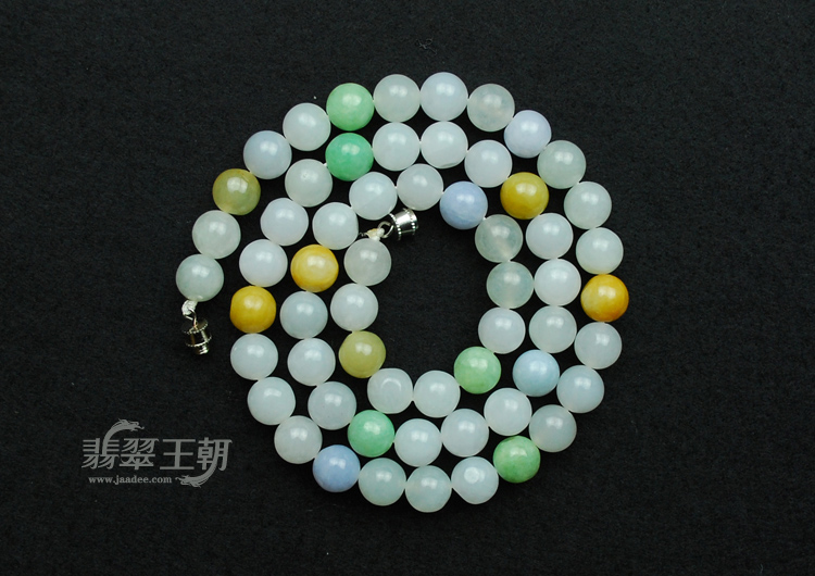 糯冰种四彩缅甸翡翠圆珠项链