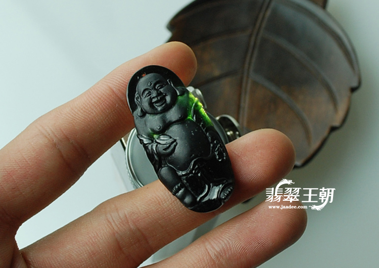 糯冰种墨翠缅甸翡翠站佛挂件