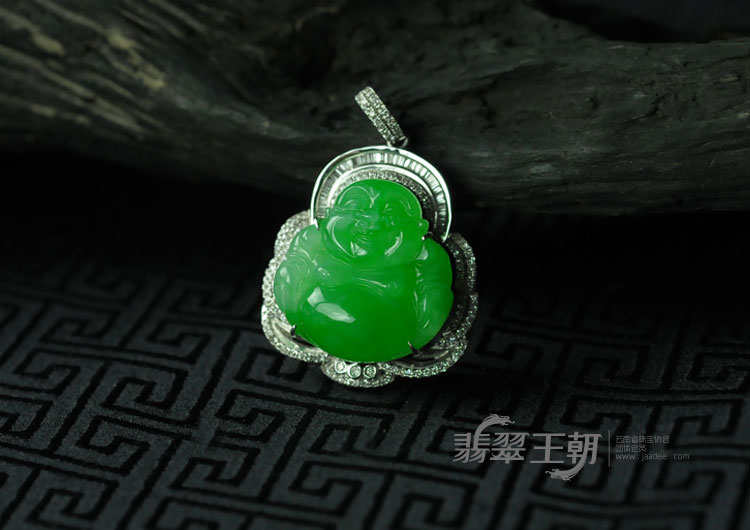糯冰种正阳绿满绿包白金缅甸翡翠玉佛挂件