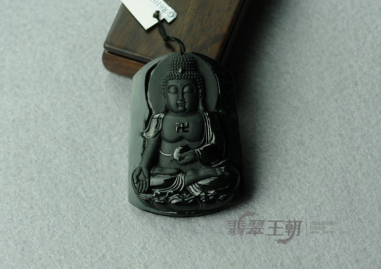 冰种墨翠缅甸翡翠如来佛挂件