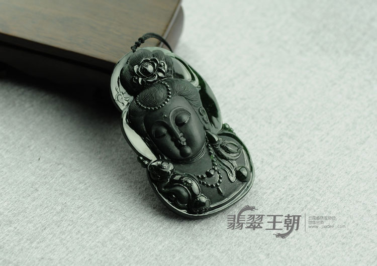 冰种墨翠缅甸翡翠观音头挂件