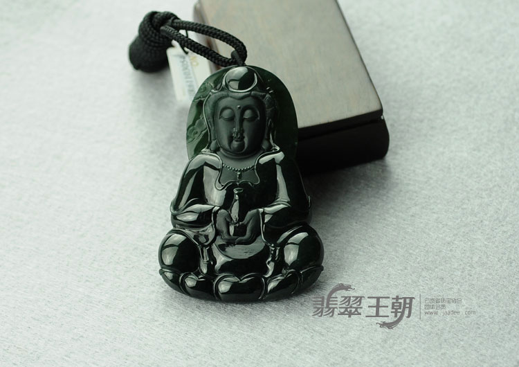 冰种墨翠缅甸翡翠观音挂件