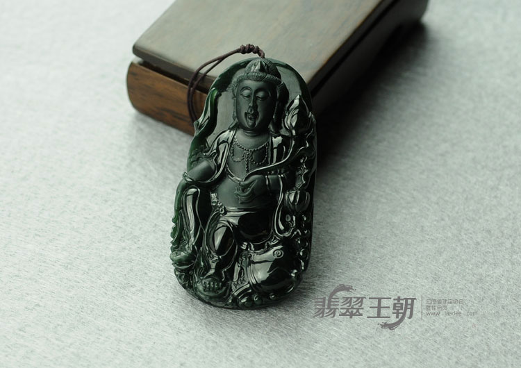 冰种墨翠缅甸翡翠莲花观音挂件