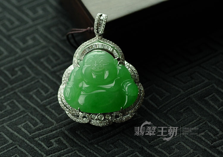 冰种阳绿满绿包白金缅甸翡翠玉佛挂件
