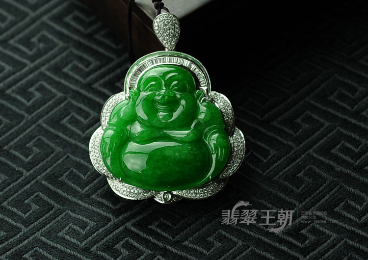 糯冰种正阳绿满绿包白金缅甸翡翠玉佛挂件
